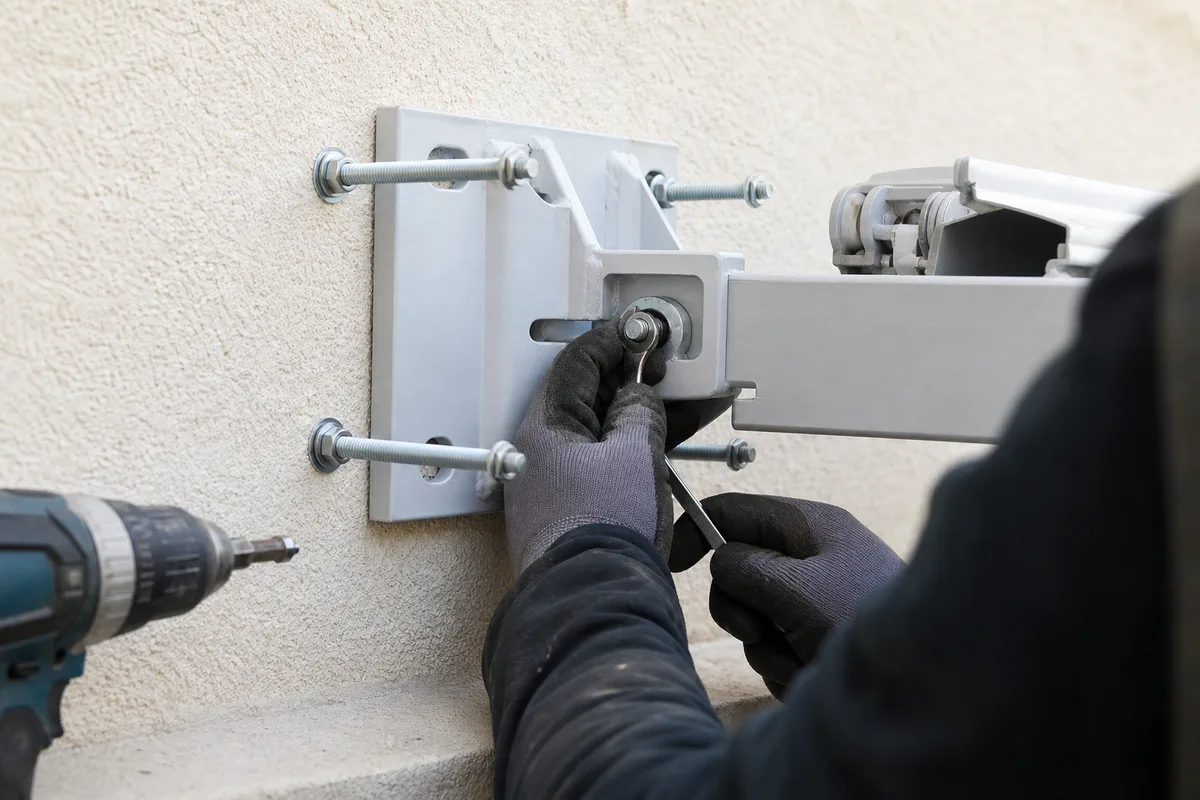 Fixation d’un store banne monobloc sur une façade claire de maison landaise, platines et chevilles visibles, lumière franche du Sud-Ouest