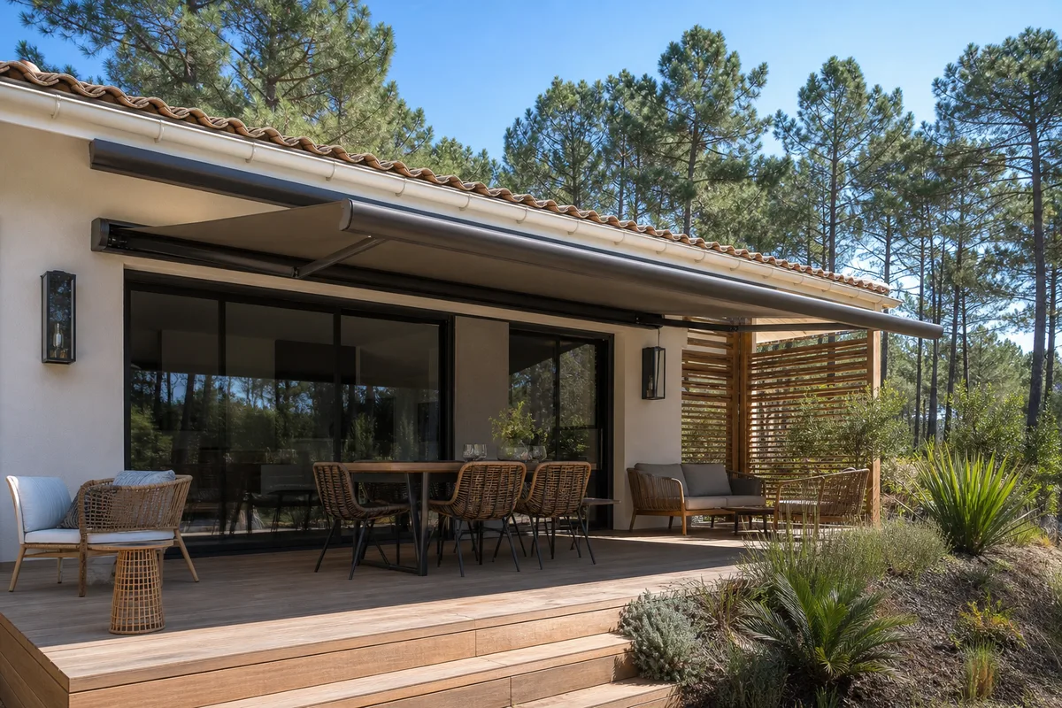 Store banne déployé au-dessus d’une terrasse de maison landaise de plain-pied, toile teintée et bras articulés réglés, ambiance ensoleillée du Sud-Ouest