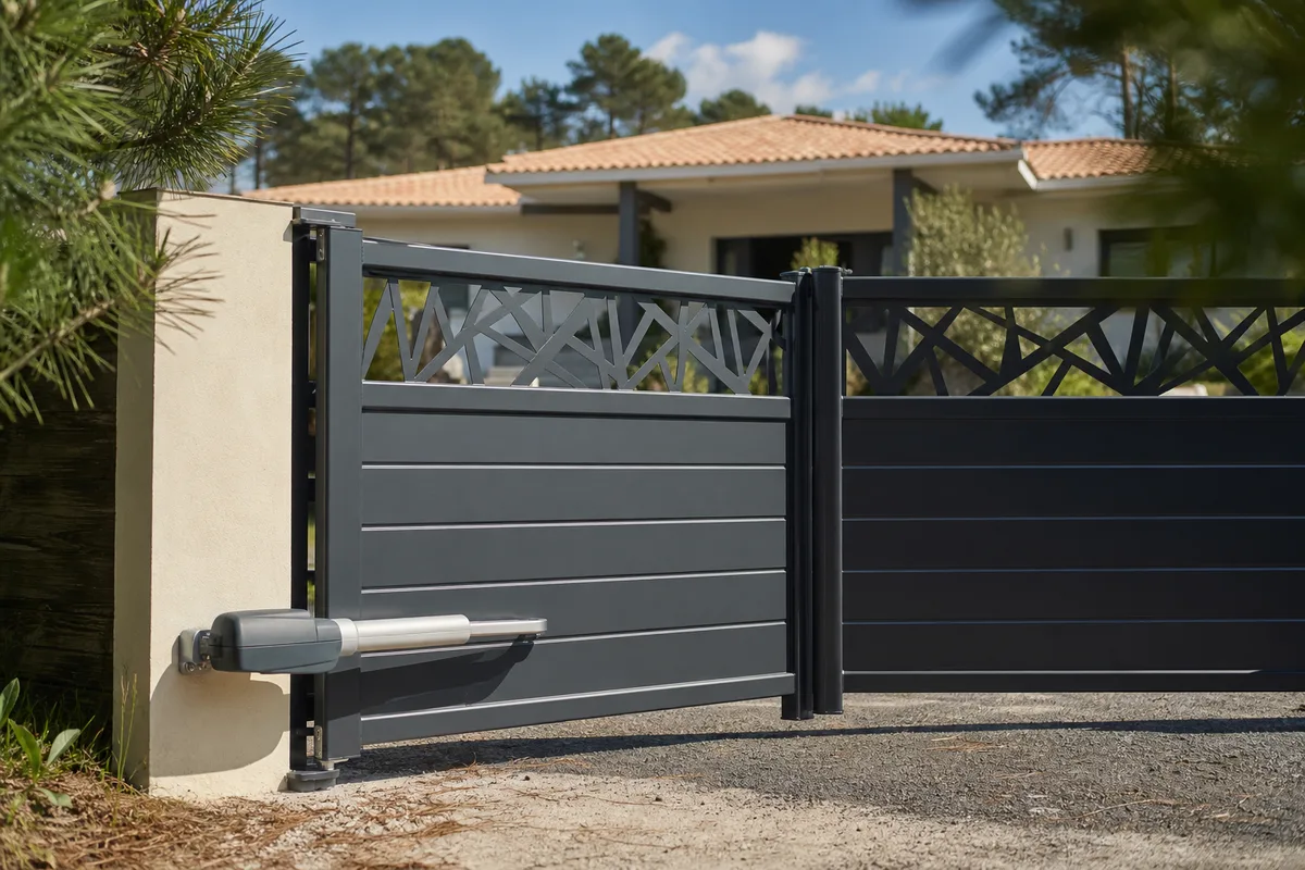 Portail battant en aluminium motorisé par vérins devant une maison de plain-pied landaise sous une lumière franche