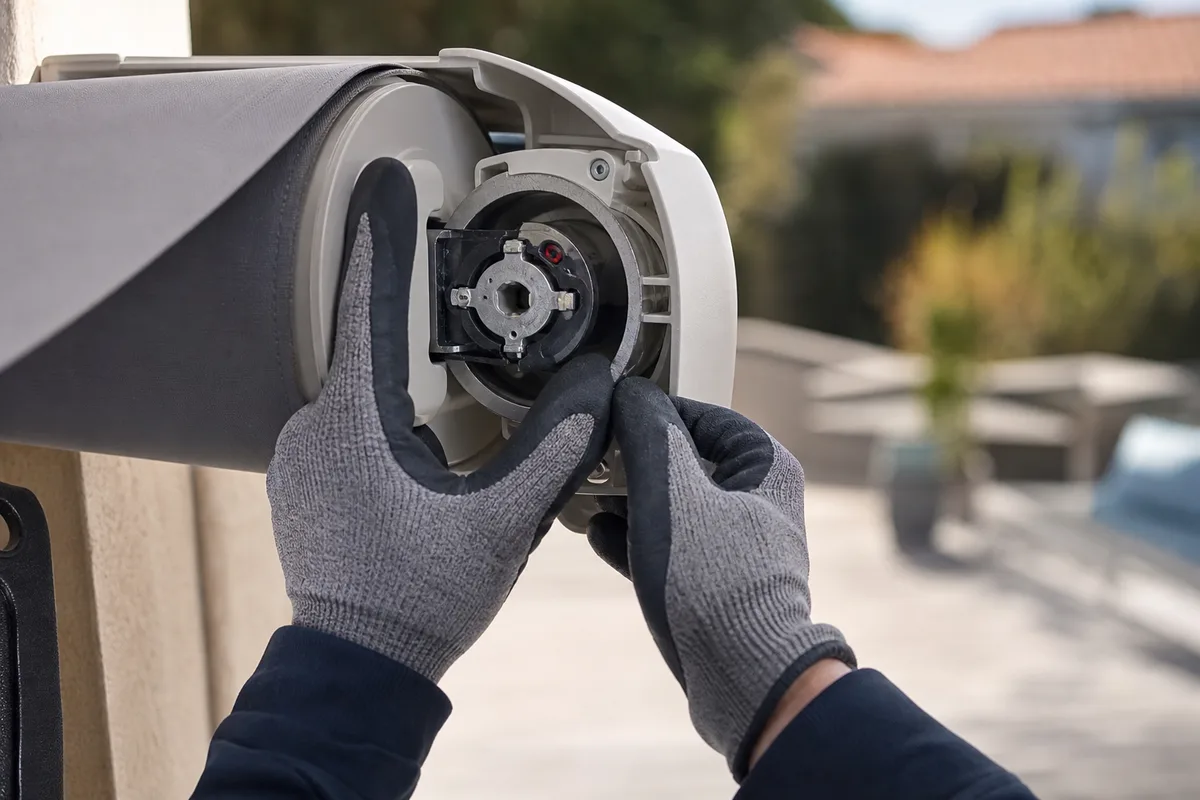 Moteur tubulaire installé dans le tube d’enroulement d’un store banne sous une terrasse landaise