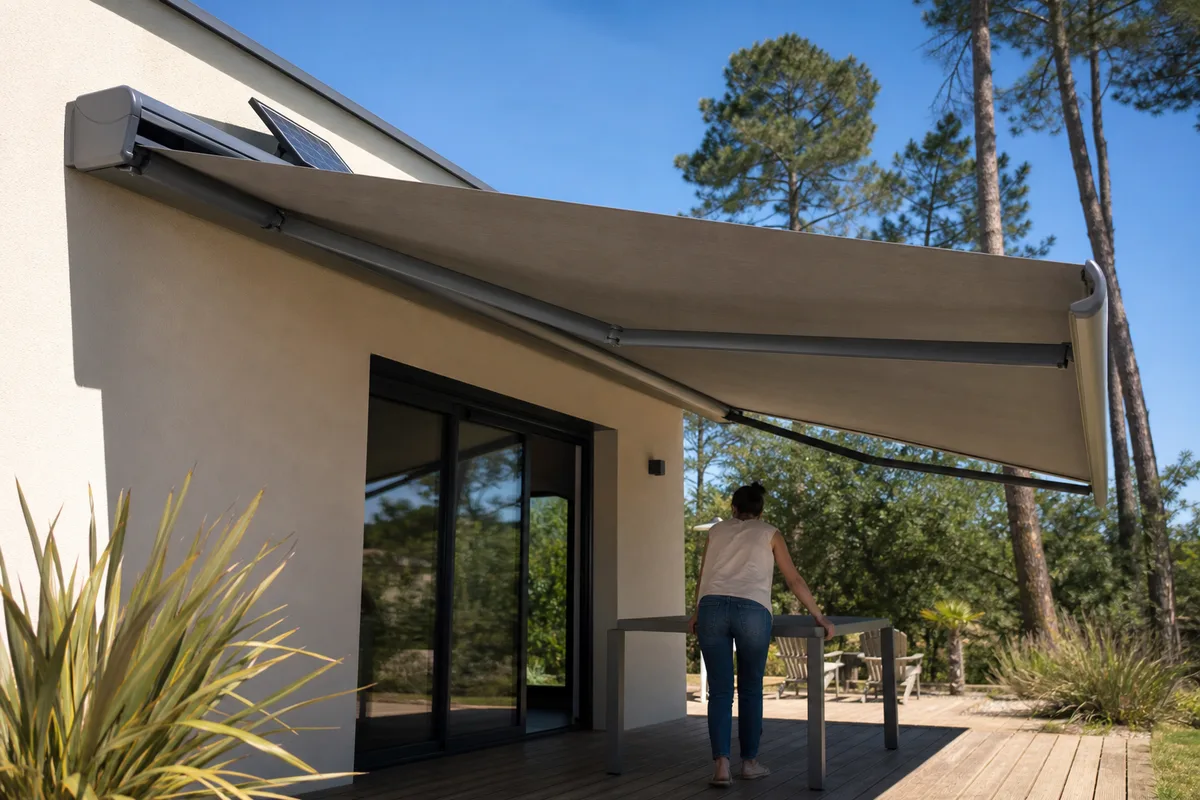 Store banne motorisé déployé au-dessus d’une terrasse de maison de plain-pied dans le Sud-Ouest, lumière franche