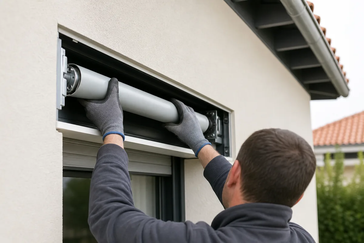 Moteur tubulaire glissé dans l&rsquo;axe d&rsquo;un volet roulant lors de la pose d&rsquo;un kit de motorisation