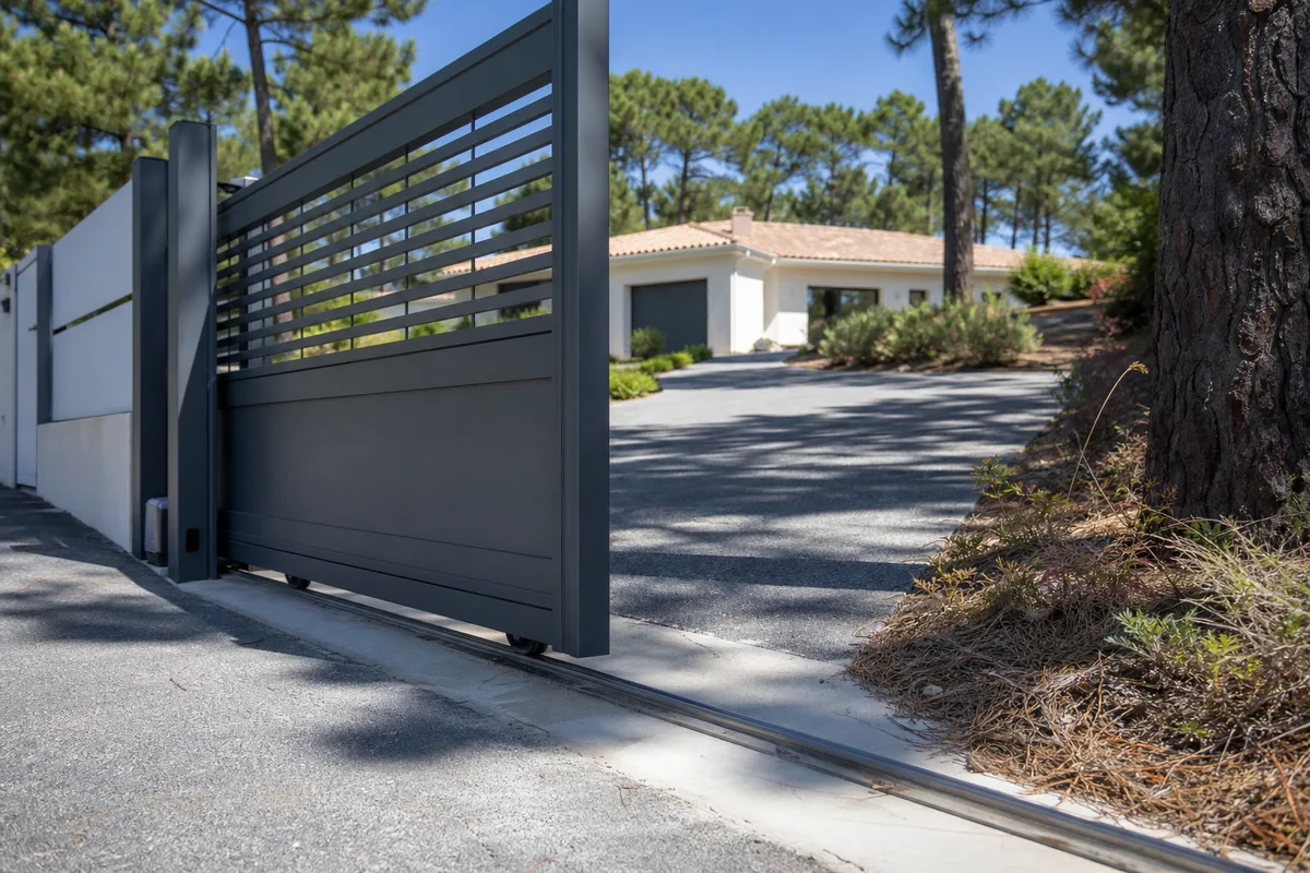 Portail aluminium coulissant sur une entrée de maison de plain-pied dans les Landes, lumière franche du Sud-Ouest