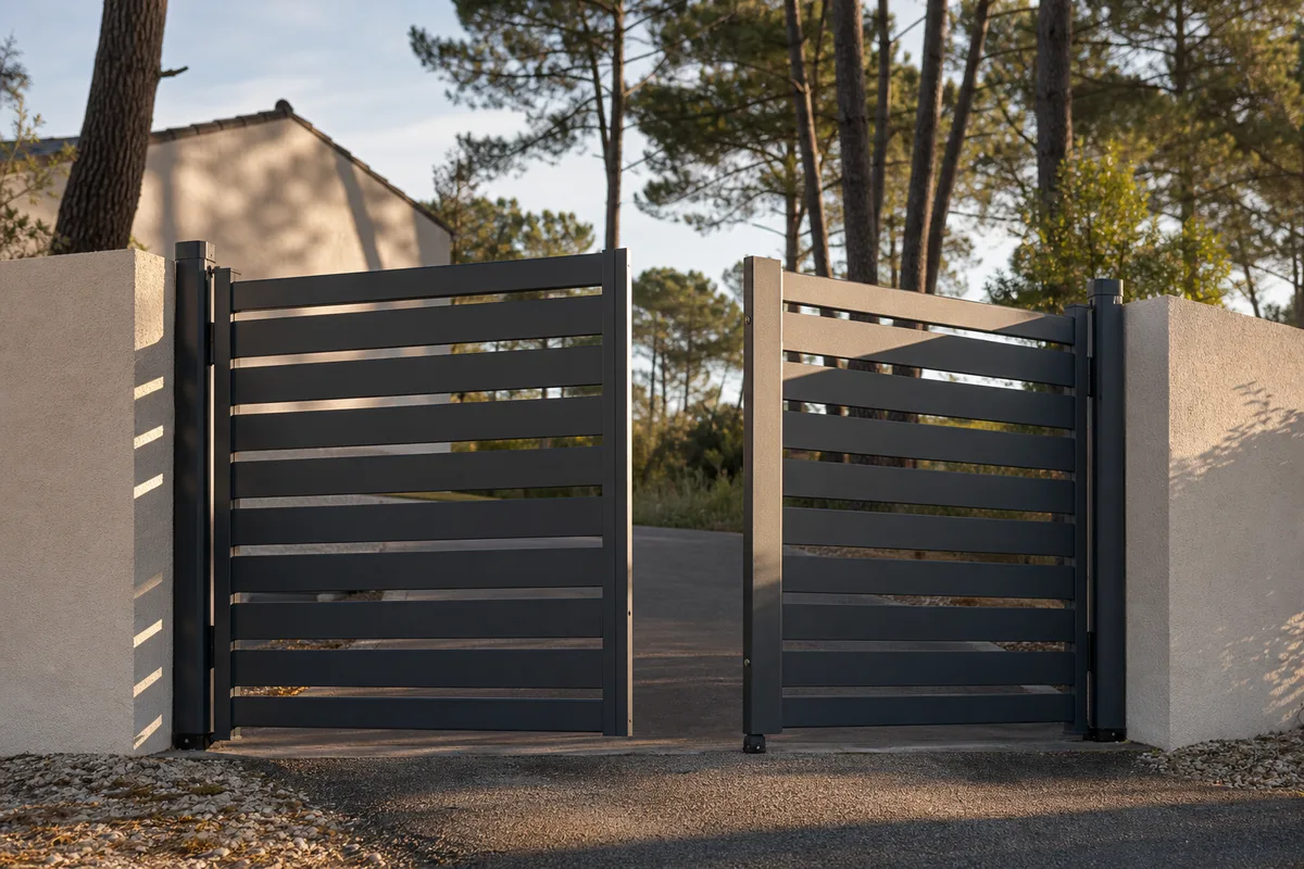Portail battant en aluminium à remplissage ajouré sur une entrée gravillonnée en pente