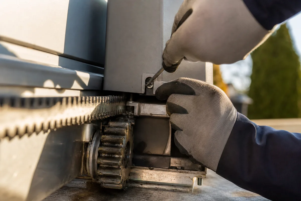 Gros plan sur la crémaillère et le pignon moteur d’un portail coulissant en cours de réglage