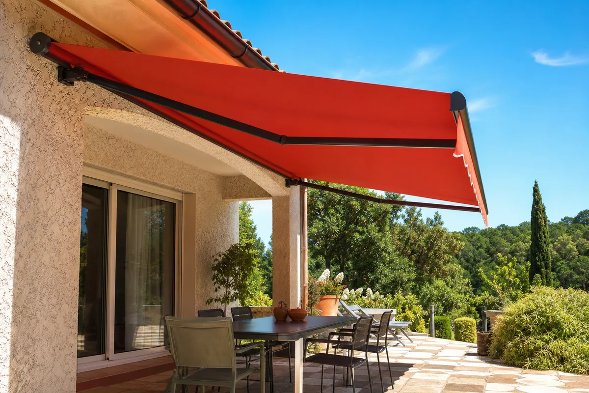 Store banne fraîchement rentoilé, toile acrylique neuve tendue au soleil