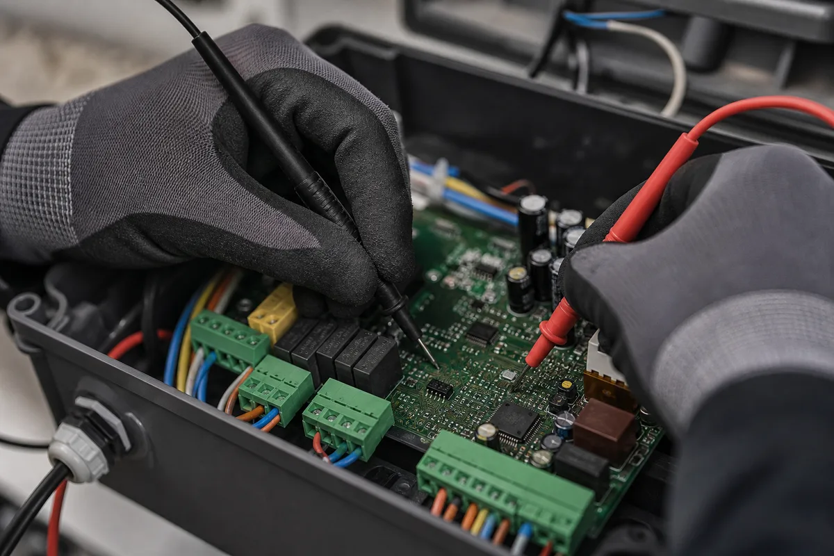 Carte électronique de commande d’un portail motorisé ouverte pour diagnostic