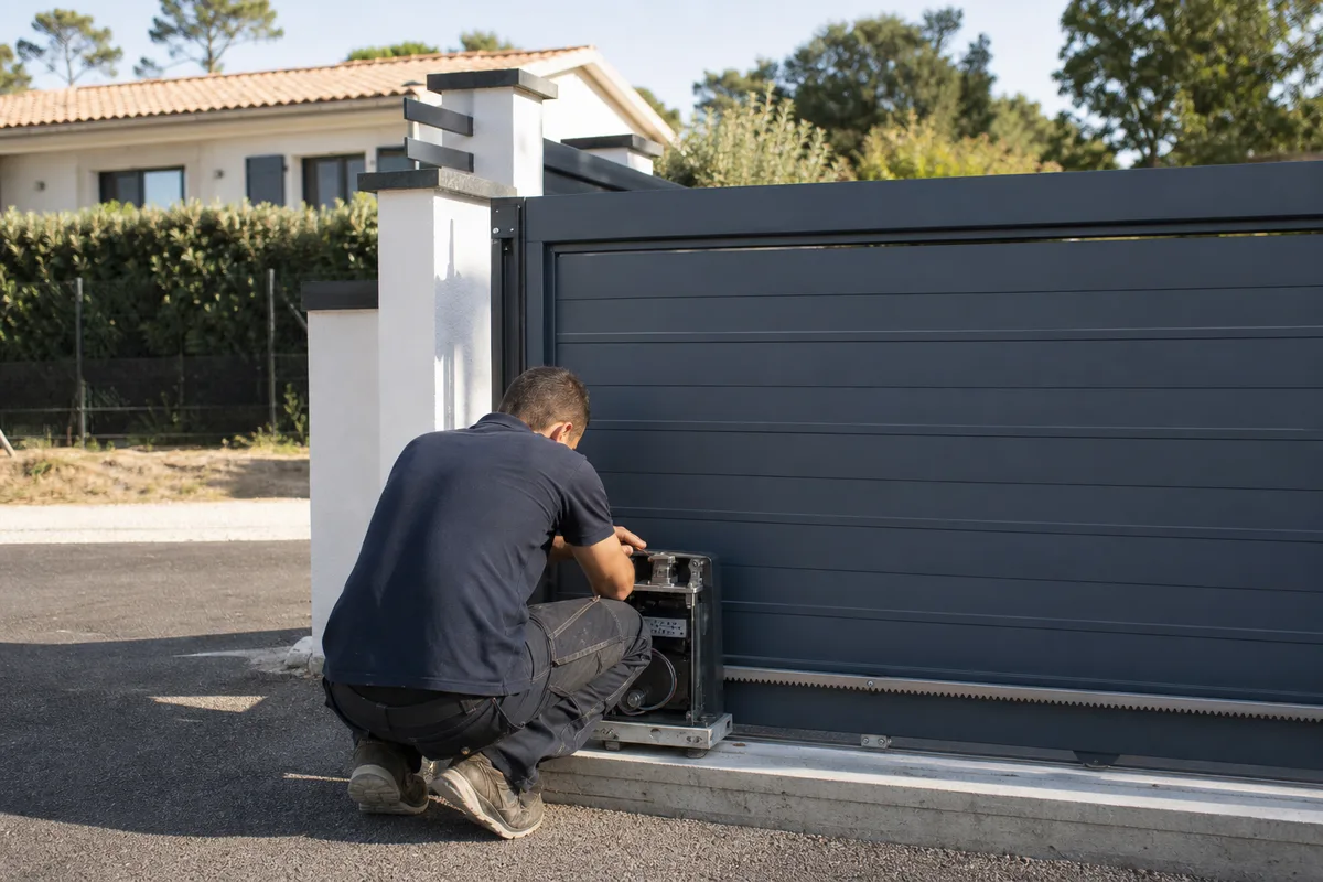 Technicien de dos réglant la motorisation d’un portail coulissant en aluminium devant une maison landaise