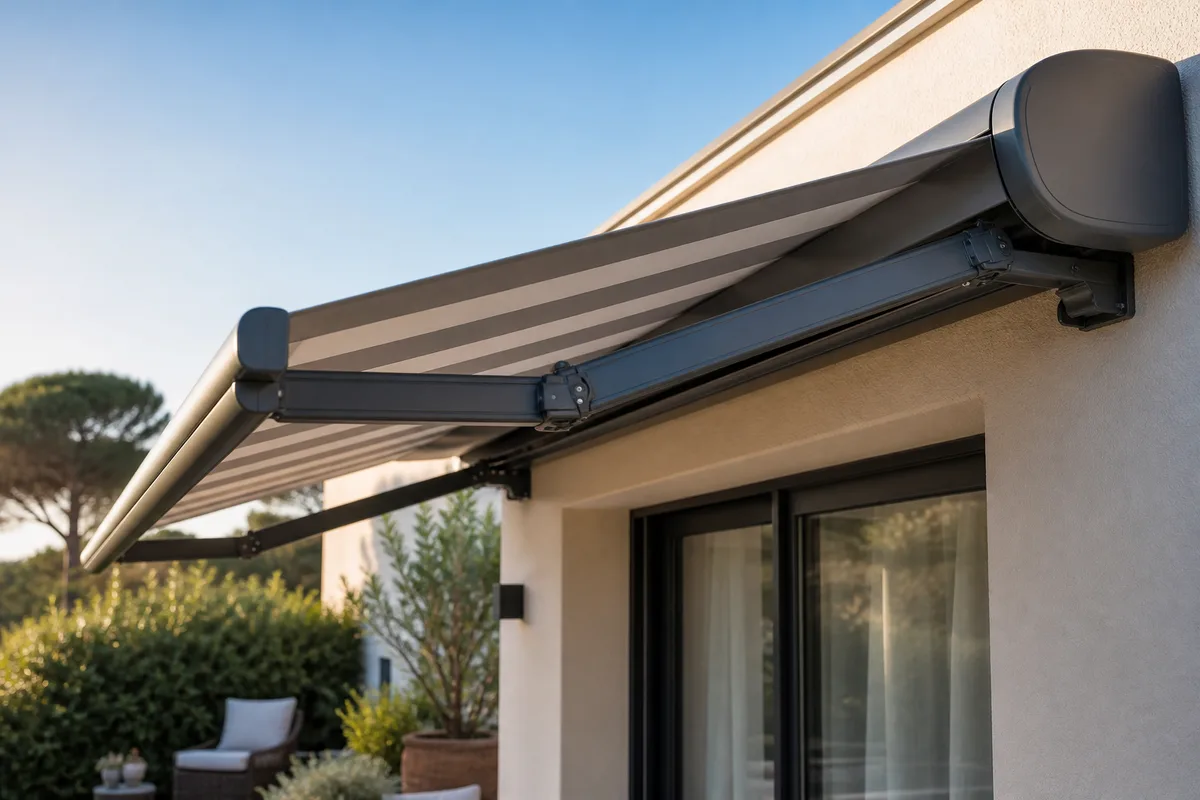 Store banne à coffre intégral déployé sur une terrasse de maison de plain-pied dans les Landes