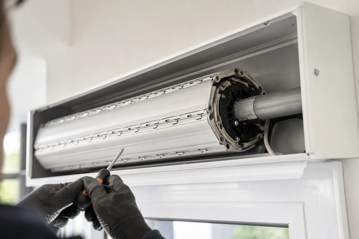 Coffre de volet roulant ouvert révélant le moteur radio et le tablier aluminium d’une maison landaise
