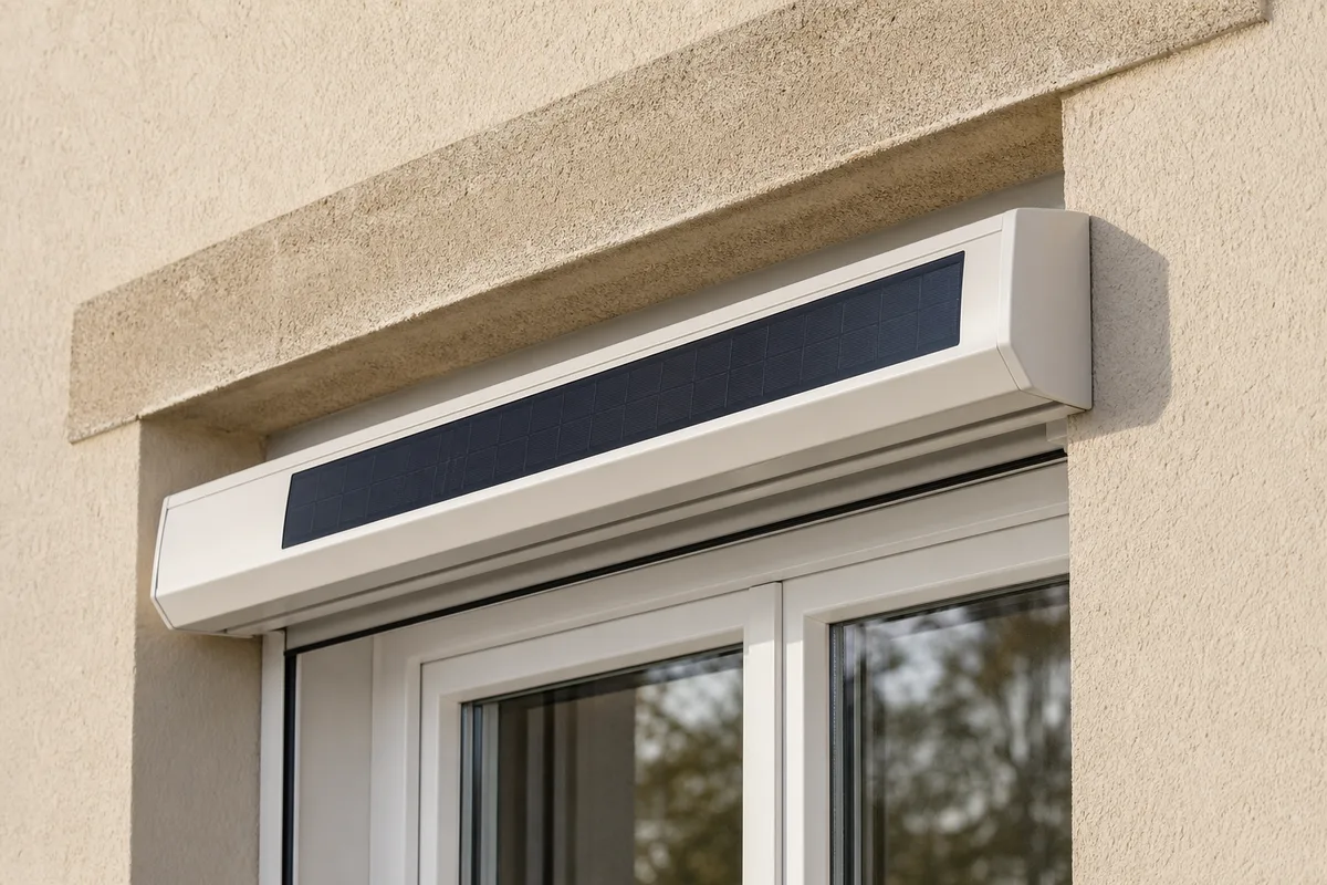 Volet roulant solaire posé en applique sur une maison de plain-pied landaise, petit panneau photovoltaïque clipsé sur le coffre, façade au crépi clair sous une lumière franche