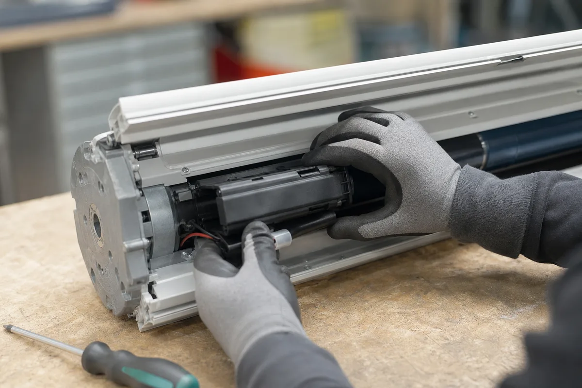 Coffre de volet roulant ouvert en atelier, batterie et moteur radio visibles, mains gantées d’un technicien procédant au remplacement, lumière d’établi neutre